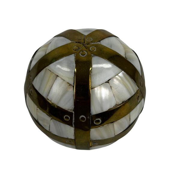 Mother of Pearl and Brass Sphere on Brass Stand 6.25" x 7" Globe Sphere 4" Wide - Picture 8 of 9